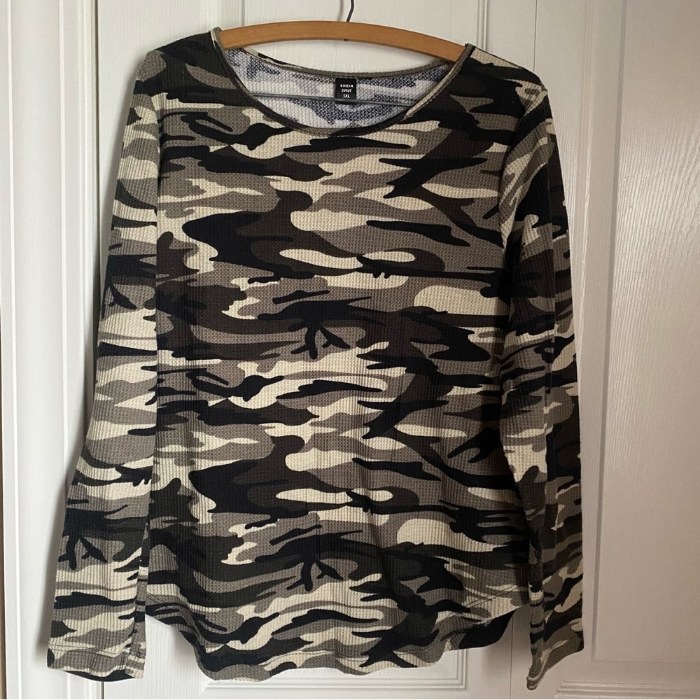 Camouflage XL Brown Black Waffle Knit Long Sleeve Top Casual Thermal Lightweight
